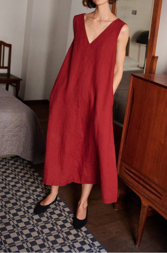 Burgundy Red Long Linen Dress with Deep V-Neck