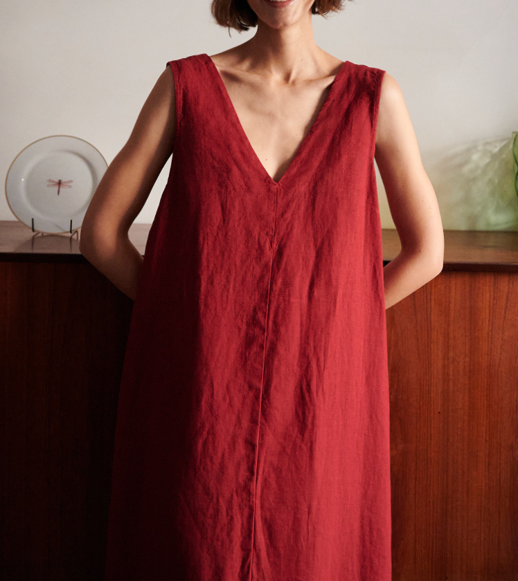 Burgundy Red Long Linen Dress with Deep V-Neck