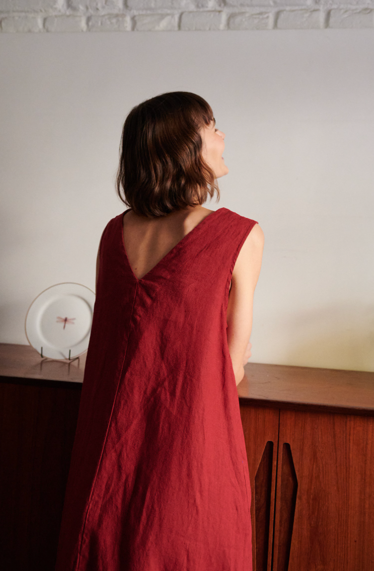 Burgundy Red Long Linen Dress with Deep V-Neck