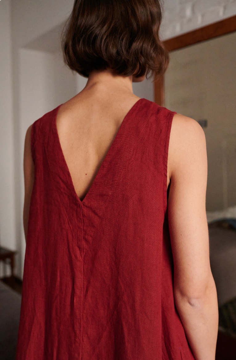 Burgundy Red Long Linen Dress with Deep V-Neck