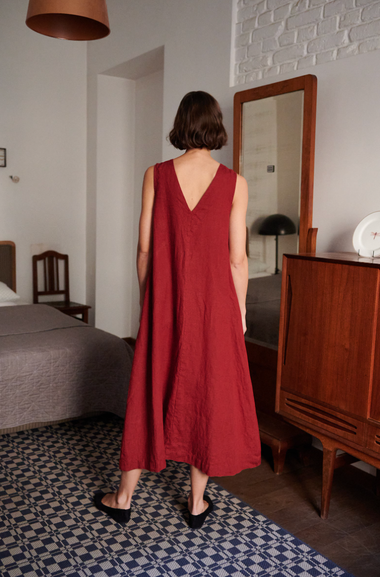 Burgundy Red Long Linen Dress with Deep V-Neck