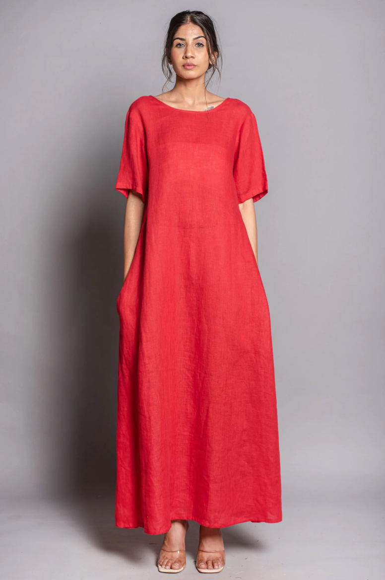 Red Linen Maxi Dress: Oversize A-Line