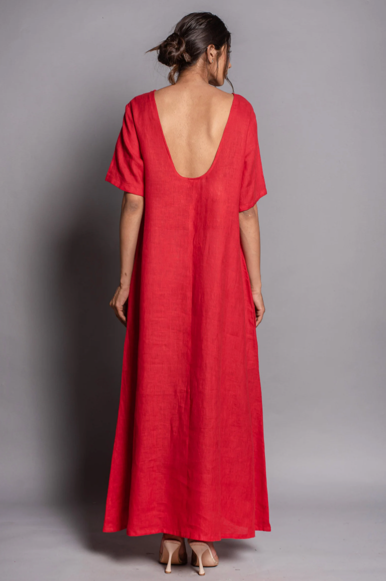 Red Linen Maxi Dress: Oversize A-Line
