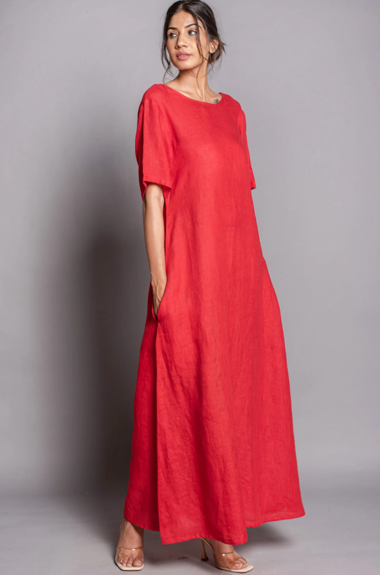 Red Linen Maxi Dress: Oversize A-Line