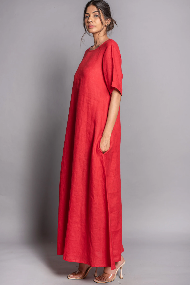 Red Linen Maxi Dress: Oversize A-Line