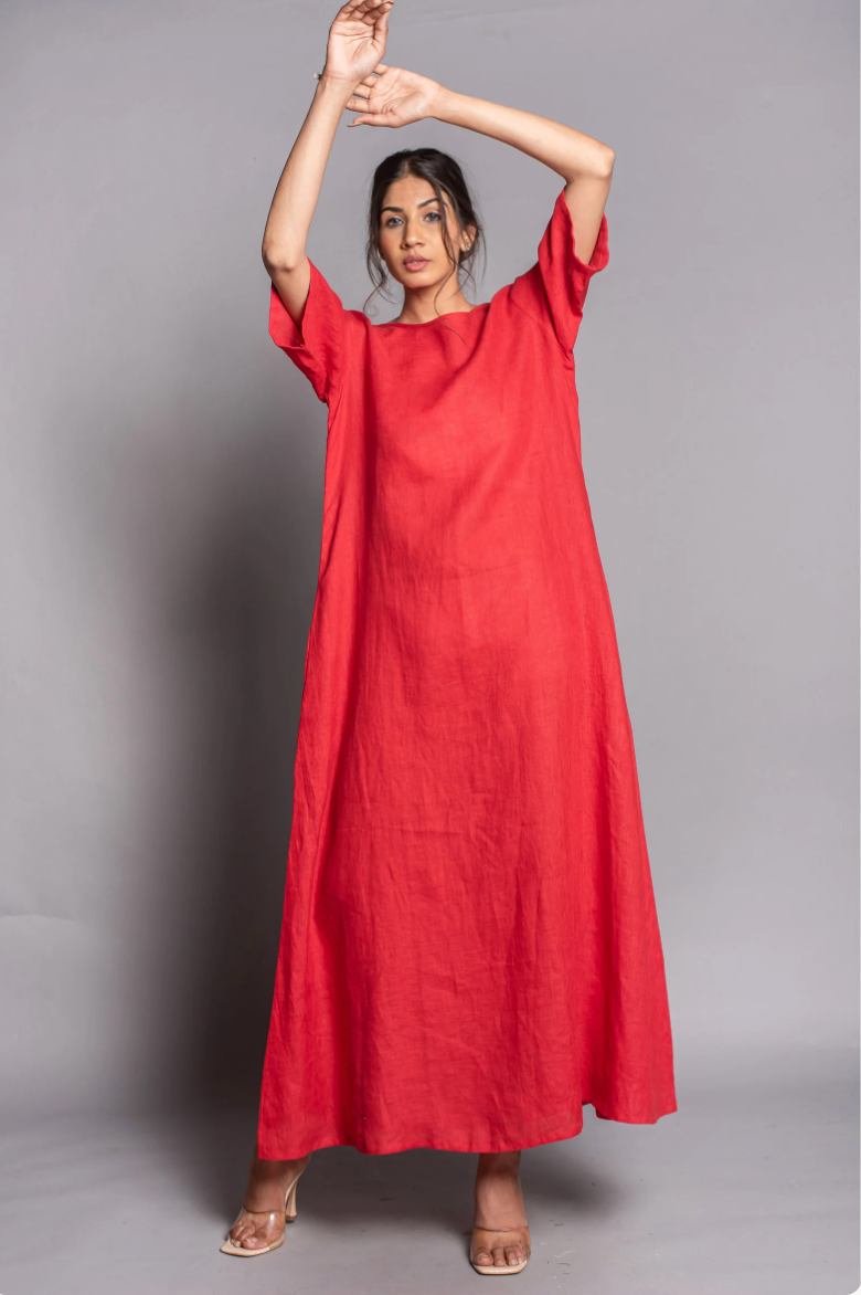Red Linen Maxi Dress: Oversize A-Line
