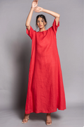Red Linen Maxi Dress: Oversize A-Line
