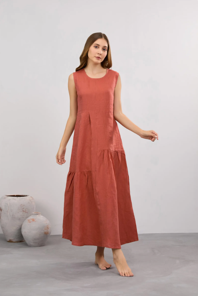 Linen Maxi Dress, Ruffle Details, Plus Size