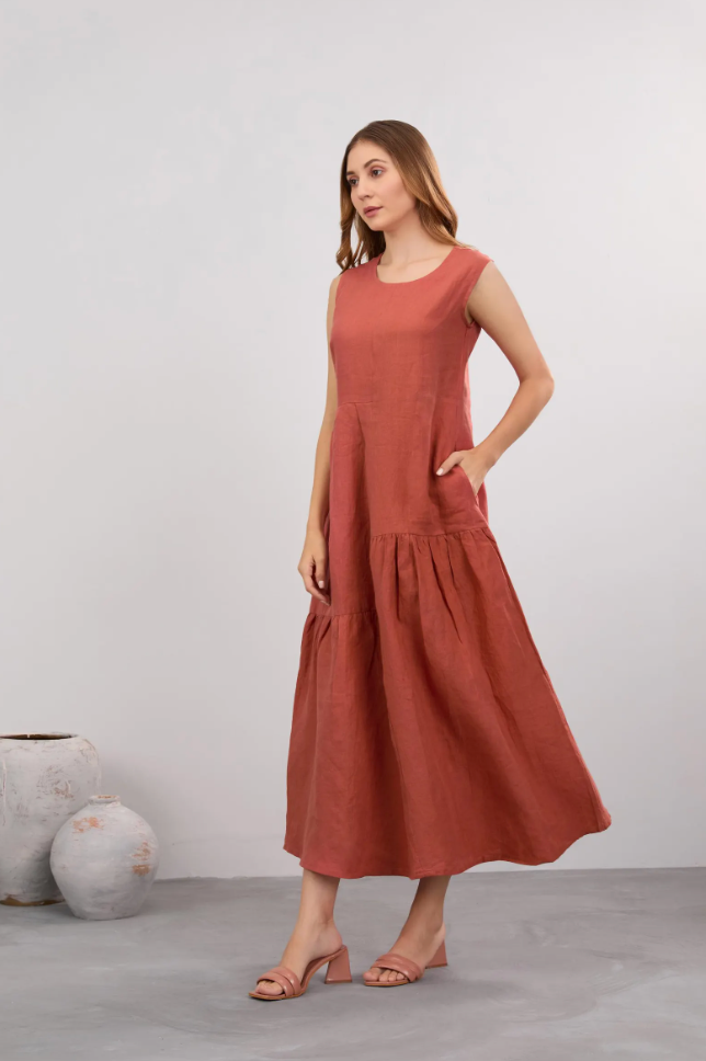 Linen Maxi Dress, Ruffle Details, Plus Size