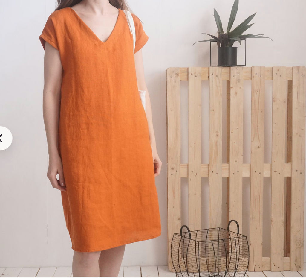 Orange Short Sleeve Linen V-Neck Dress with Pockets