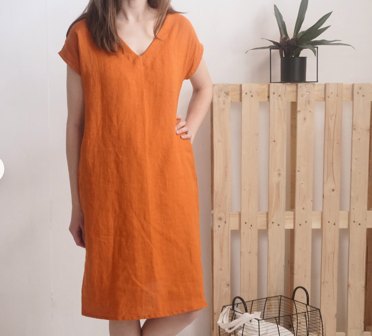Orange Short Sleeve Linen V-Neck Dress with Pockets