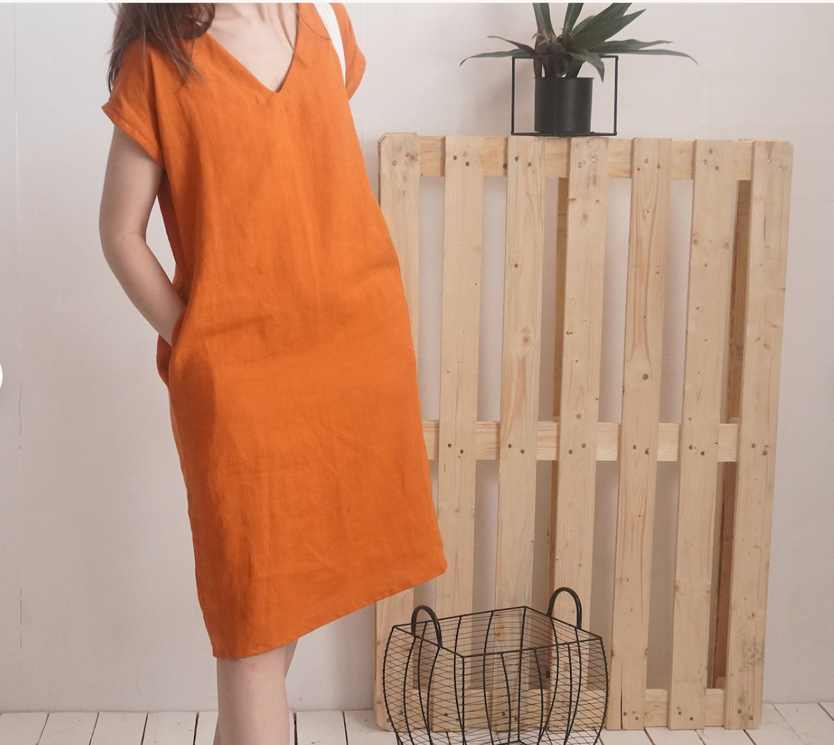 Orange Short Sleeve Linen V-Neck Dress with Pockets
