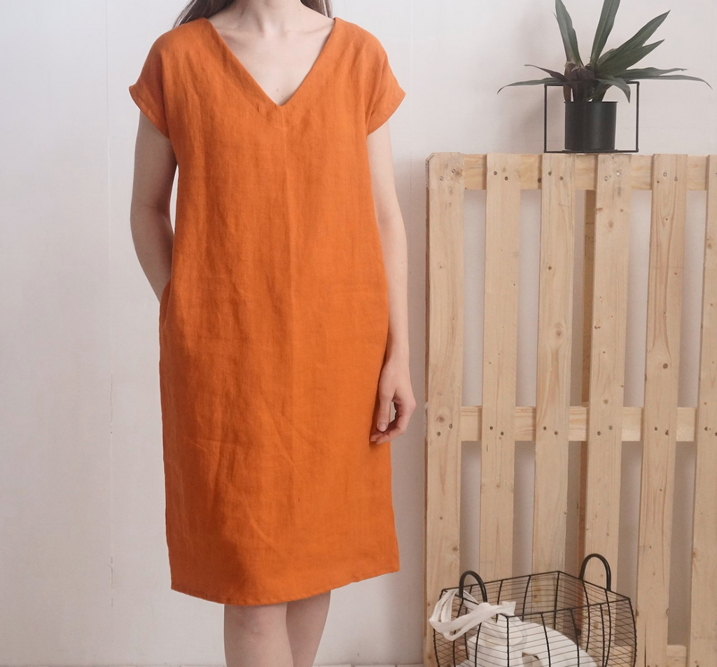 Orange Short Sleeve Linen V-Neck Dress with Pockets