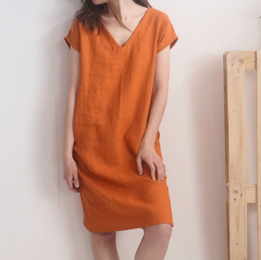Orange Short Sleeve Linen V-Neck Dress with Pockets