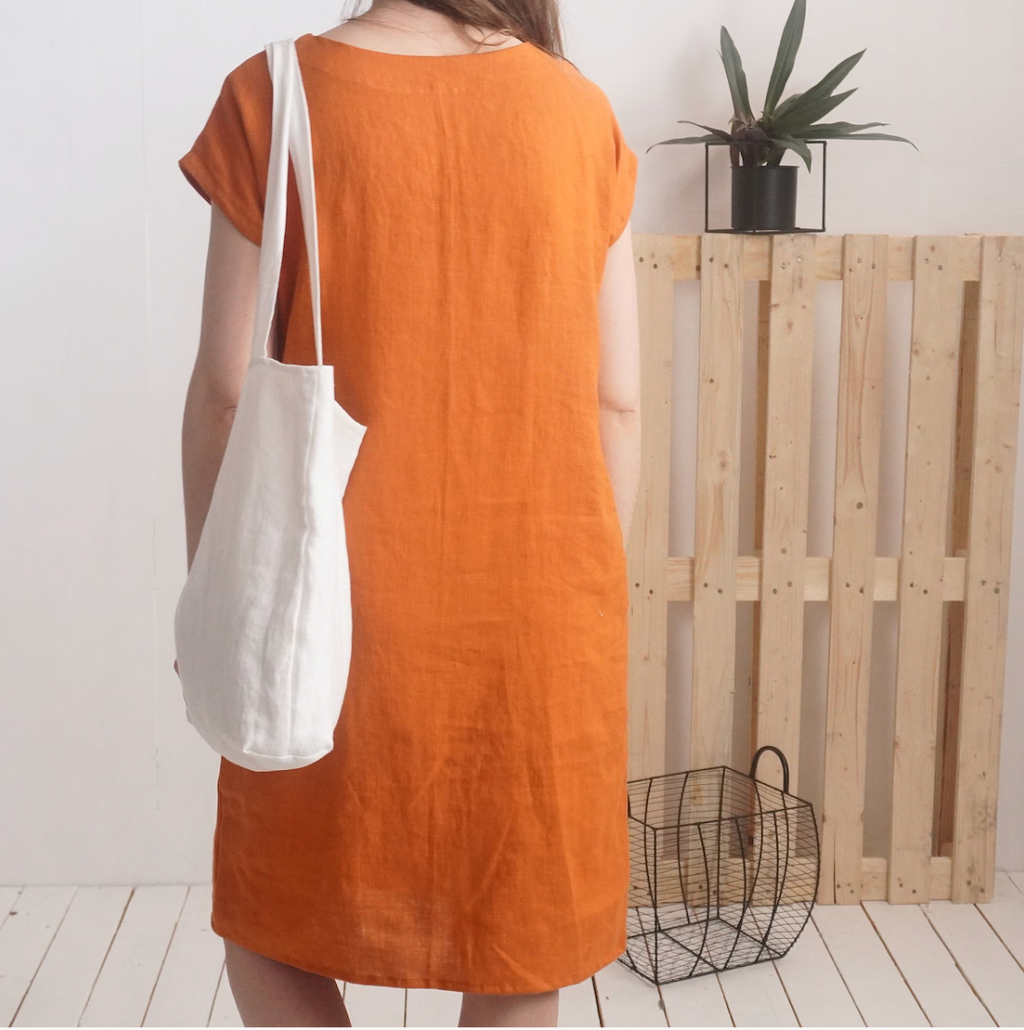 Orange Short Sleeve Linen V-Neck Dress with Pockets