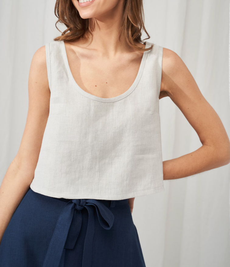 Linen Crop Top : Sleeveless Scoop Neck Tank