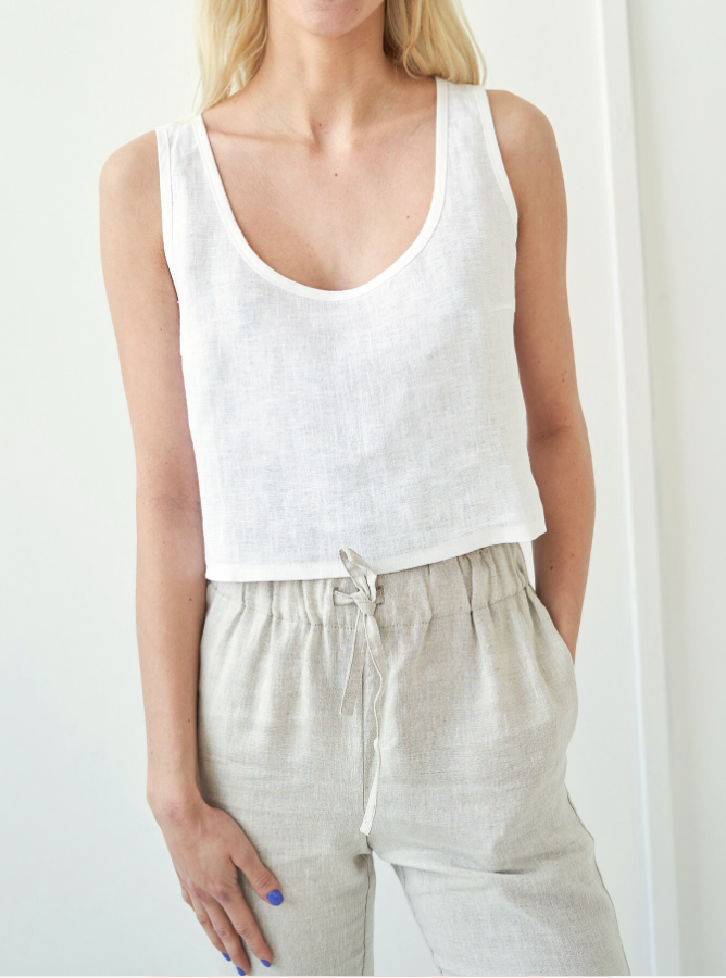 Linen Crop Top : Sleeveless Scoop Neck Tank