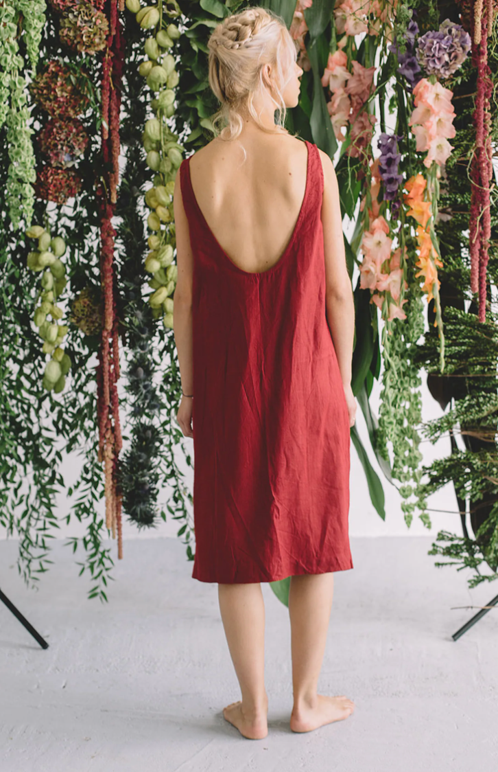 Burgundy Red Linen Dress – Relaxed Sleeveless Summer Dress