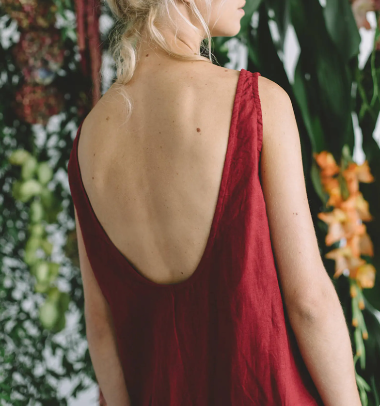 Burgundy Red Linen Dress – Relaxed Sleeveless Summer Dress