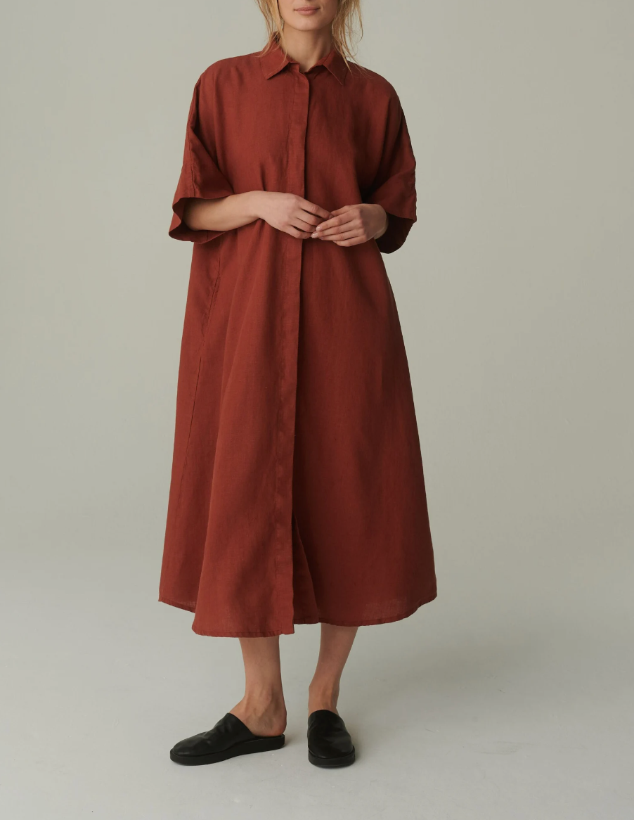 Terracotta Linen Shirt Dress – Oversized Button-Down Maxi Dress