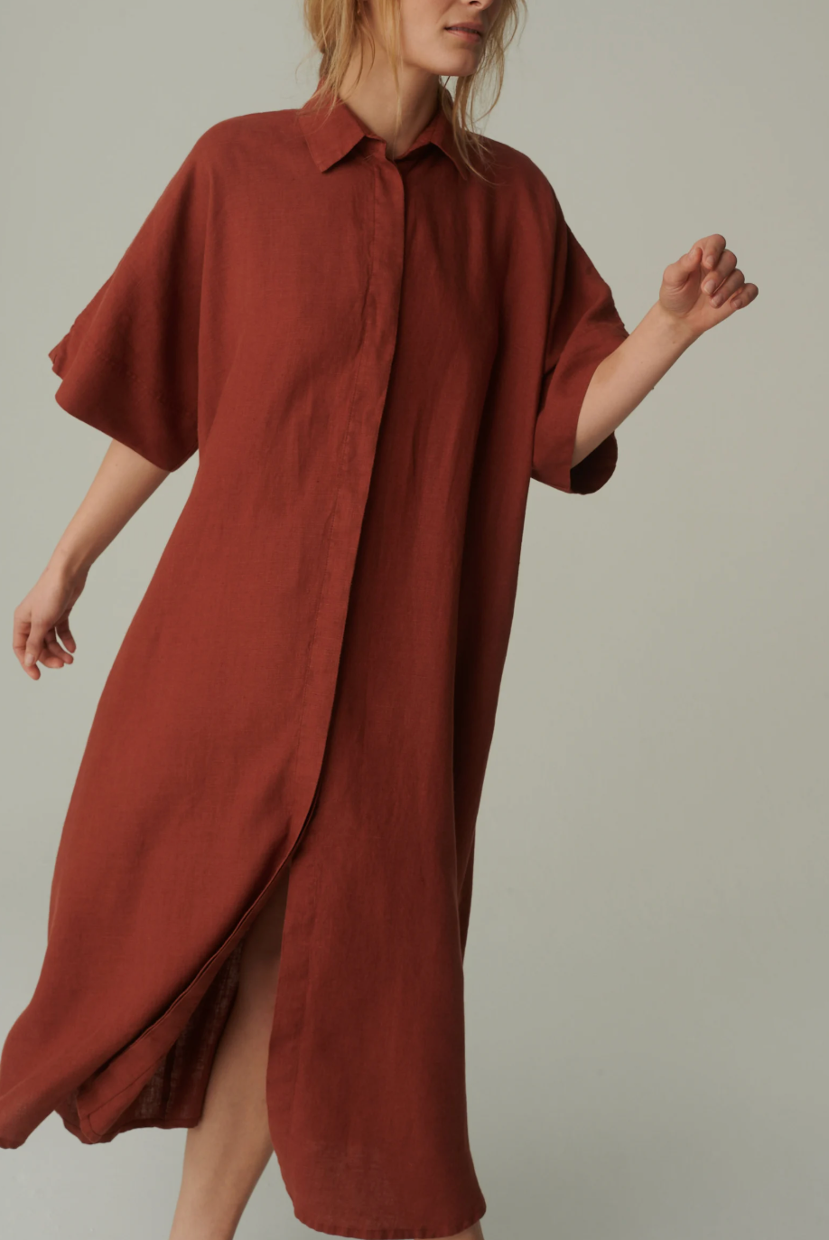 Terracotta Linen Shirt Dress – Oversized Button-Down Maxi Dress
