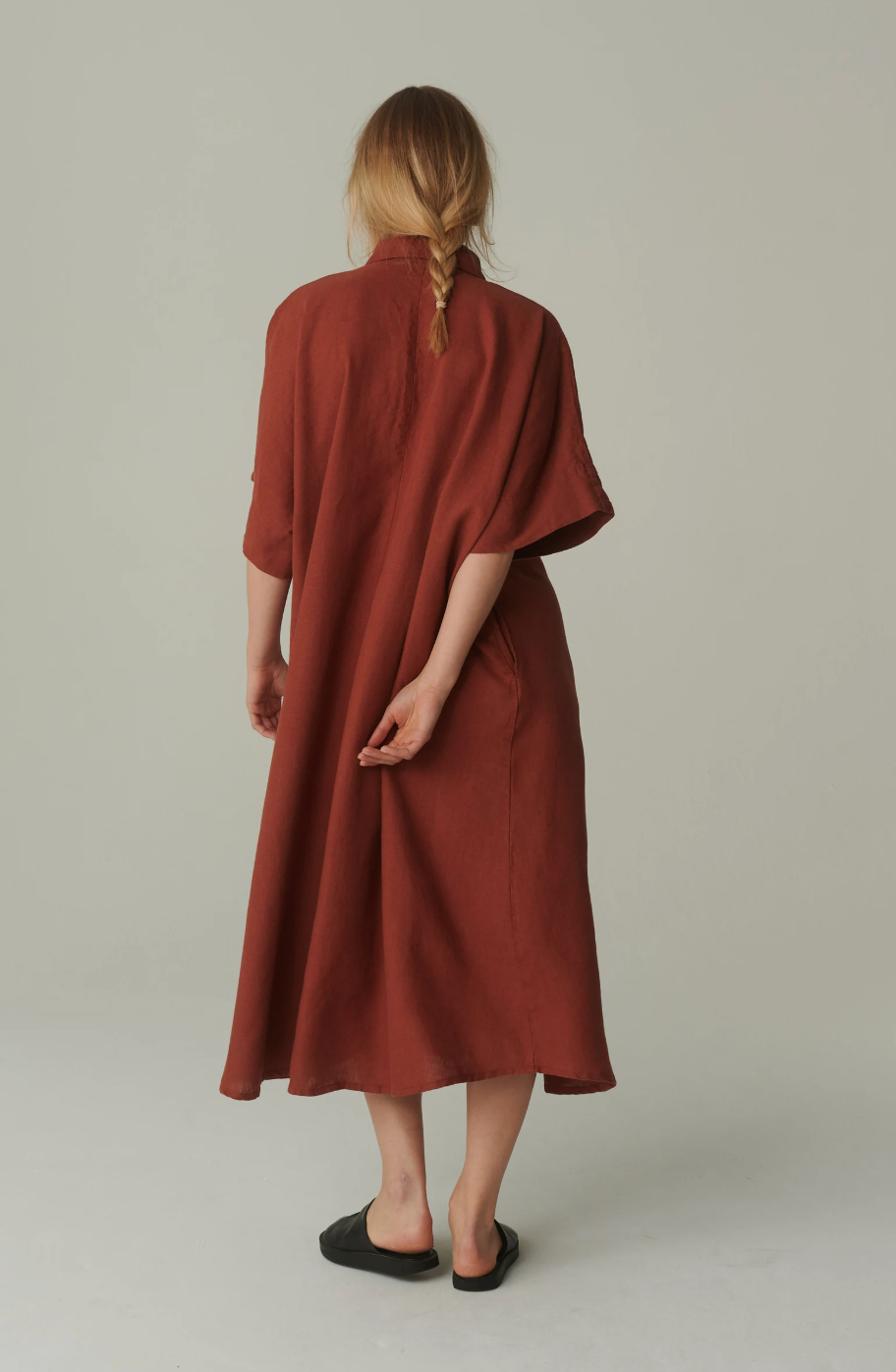 Terracotta Linen Shirt Dress – Oversized Button-Down Maxi Dress