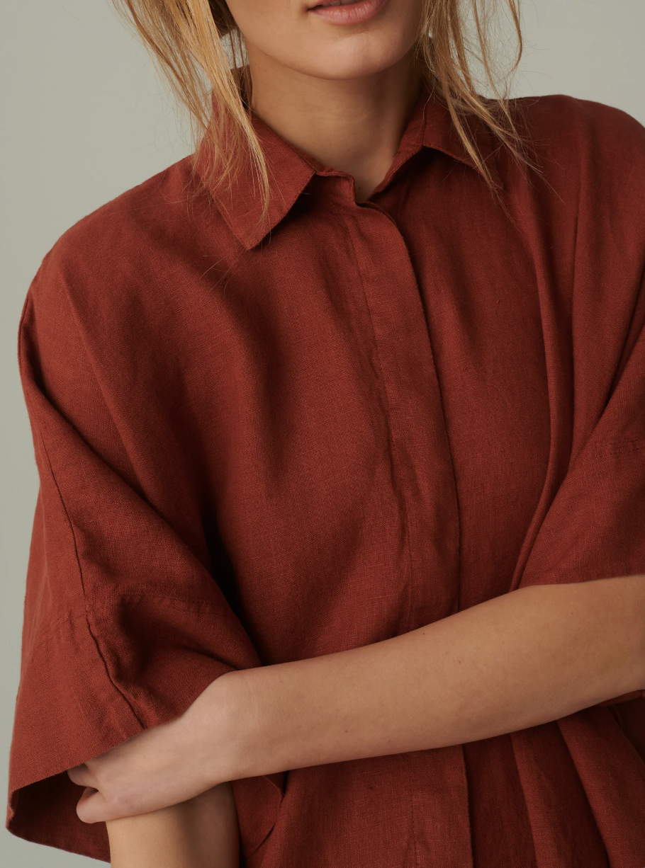 Terracotta Linen Shirt Dress – Oversized Button-Down Maxi Dress