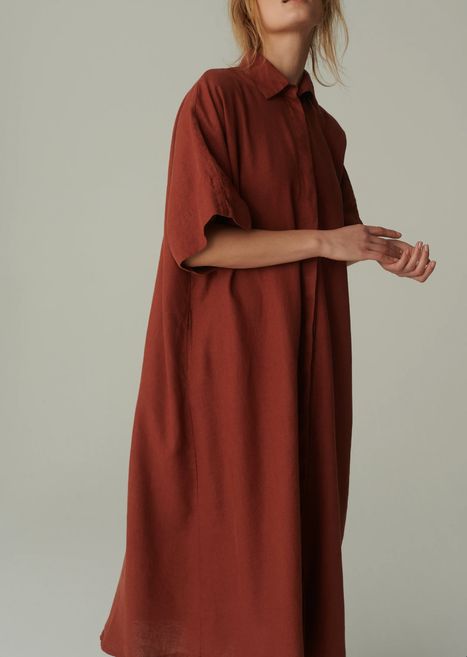 Terracotta Linen Shirt Dress – Oversized Button-Down Maxi Dress