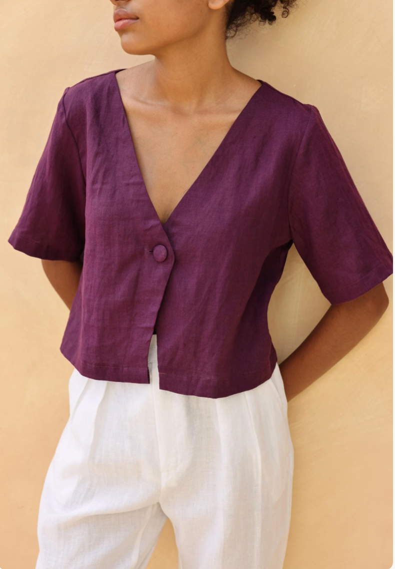 Short Sleeve Linen Crop Top, Custom Fit