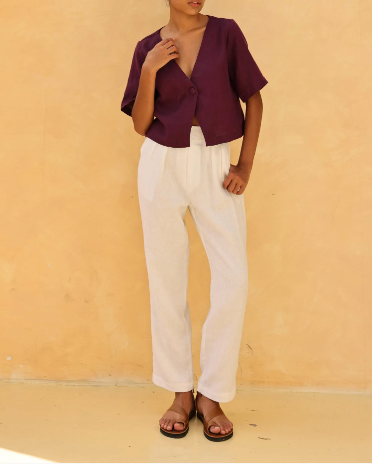 Short Sleeve Linen Crop Top, Custom Fit