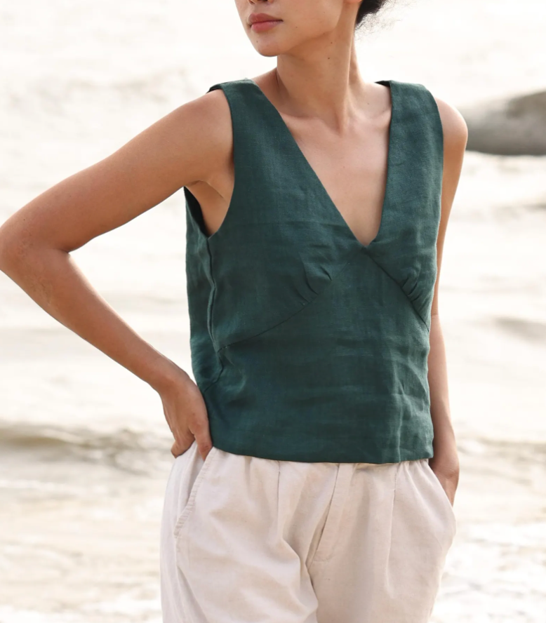 Green Linen croptop, Sleeveless blouse, Custom fit