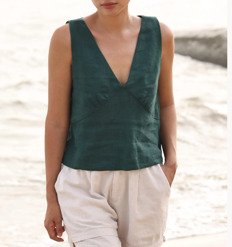 Green Linen croptop, Sleeveless blouse, Custom fit