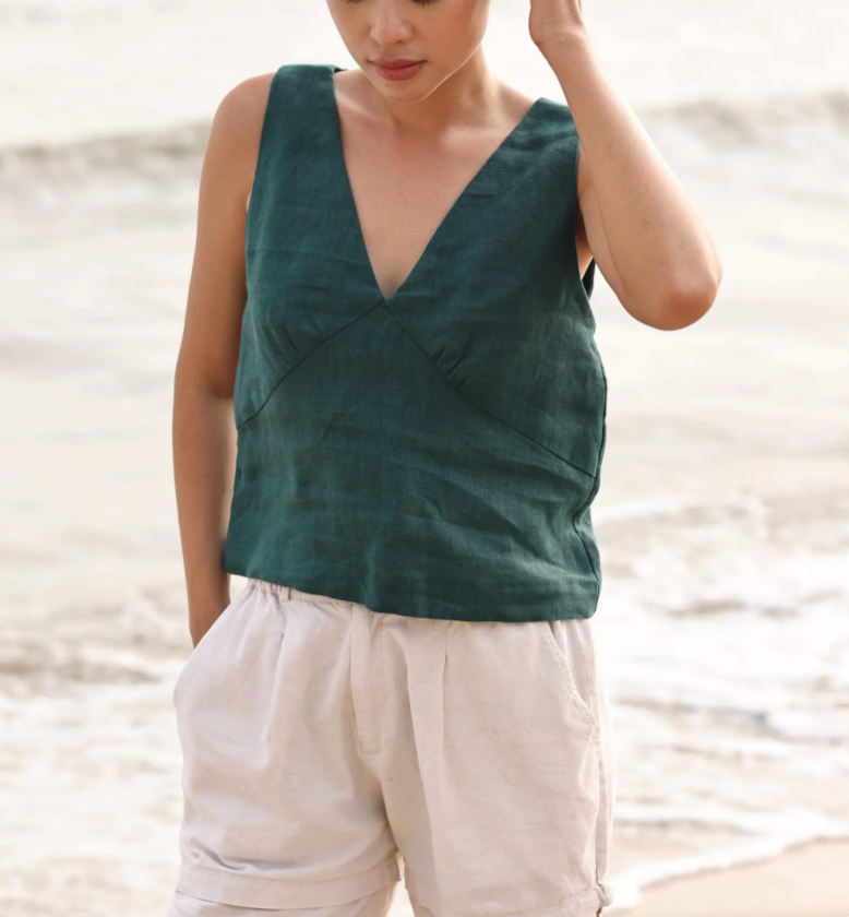 Green Linen croptop, Sleeveless blouse, Custom fit