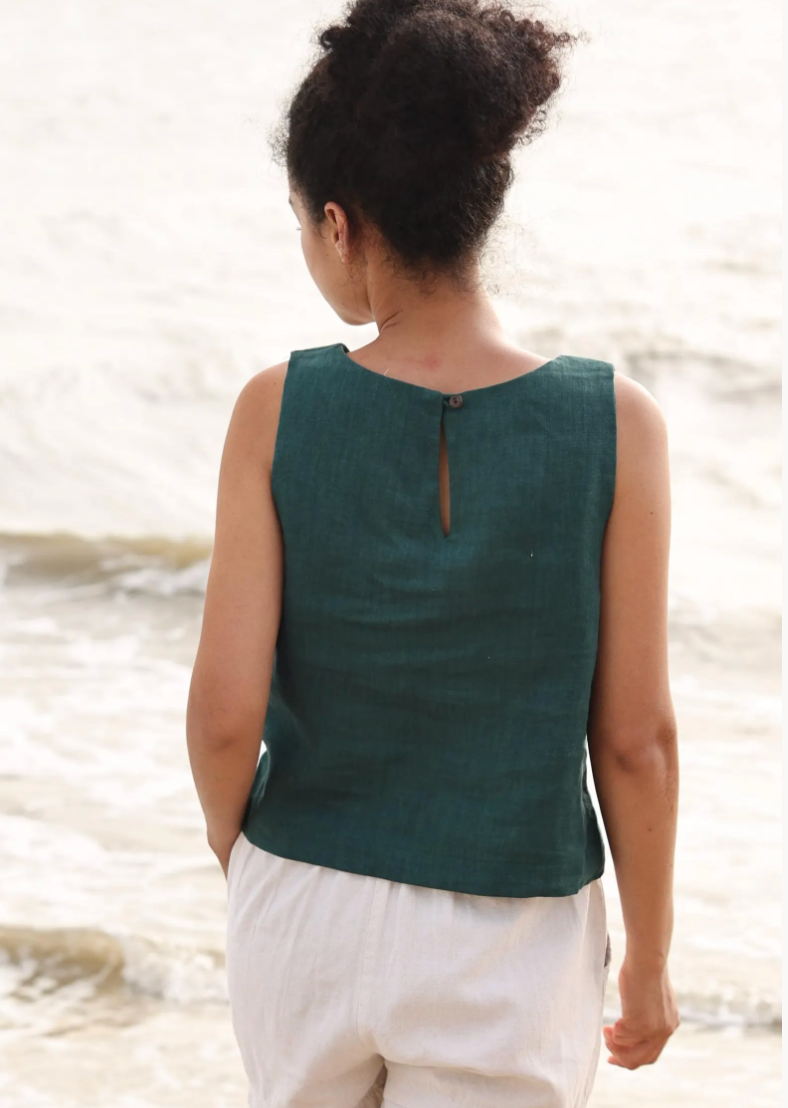 Green Linen croptop, Sleeveless blouse, Custom fit