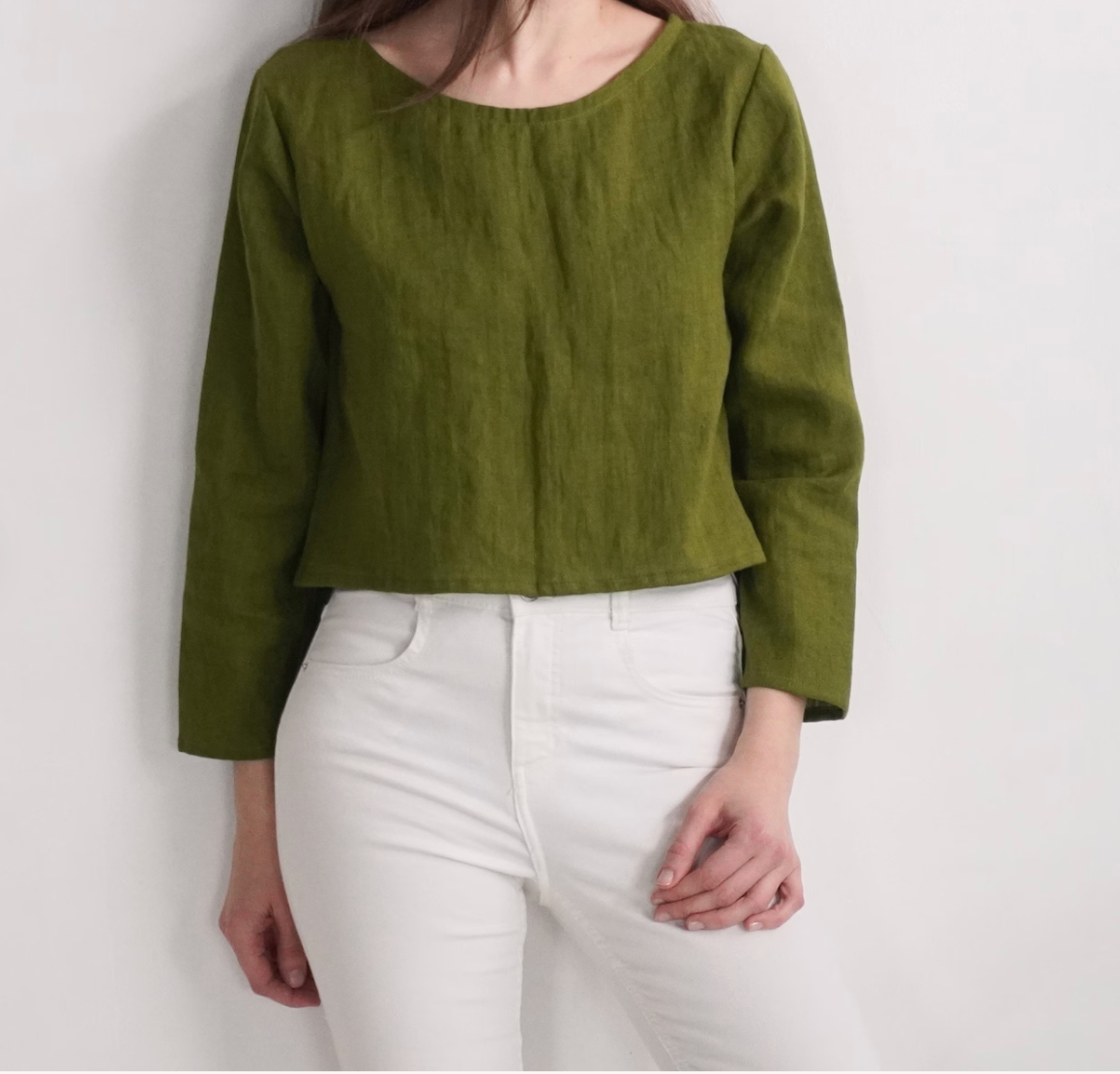 Forest Green Linen Long Sleeve Crop Top – Crew Neck