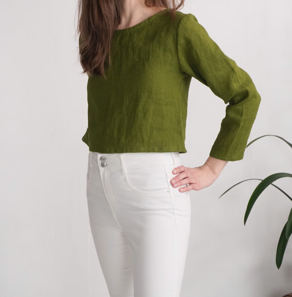 Forest Green Linen Long Sleeve Crop Top – Crew Neck