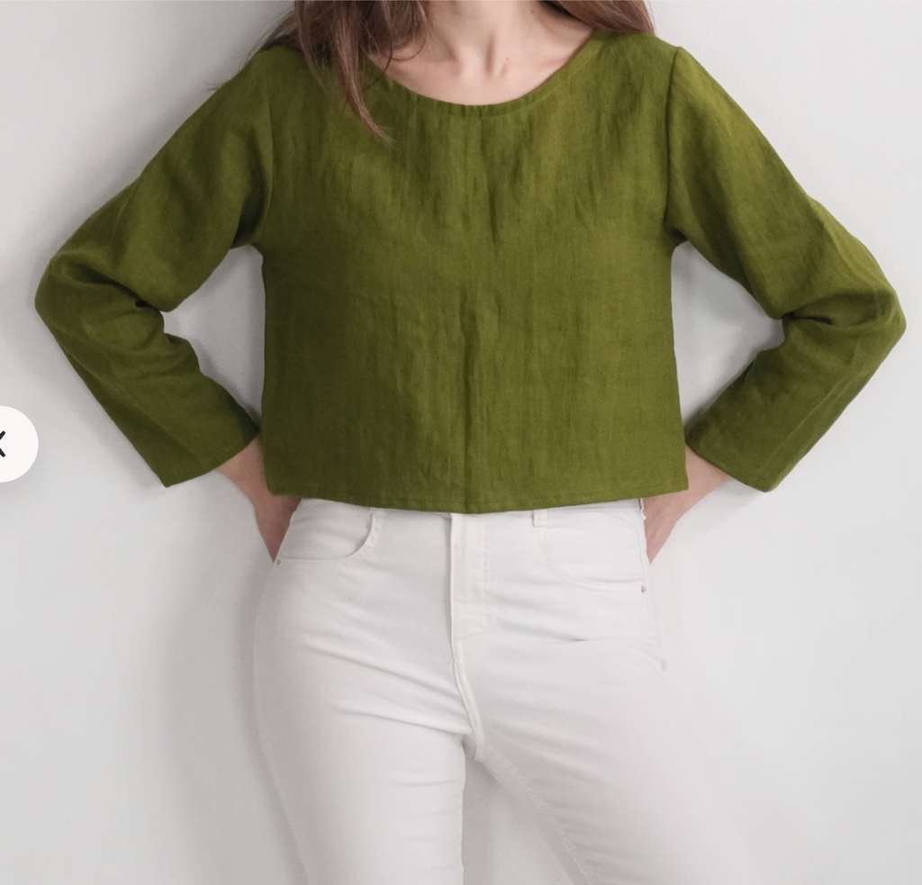 Forest Green Linen Long Sleeve Crop Top – Crew Neck