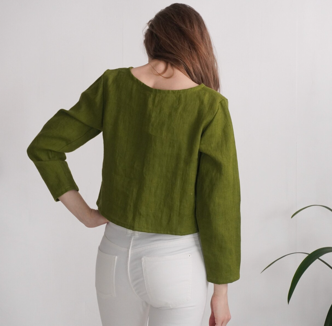 Forest Green Linen Long Sleeve Crop Top – Crew Neck