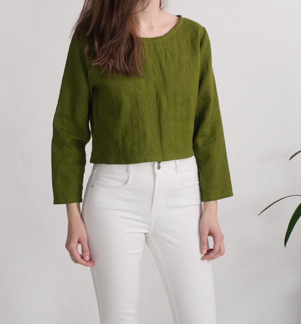 Forest Green Linen Long Sleeve Crop Top – Crew Neck