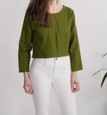Forest Green Linen Long Sleeve Crop Top – Crew Neck