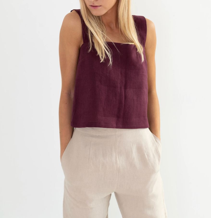 Eggplant Linen Tank Top – Square Neck, Wide Straps
