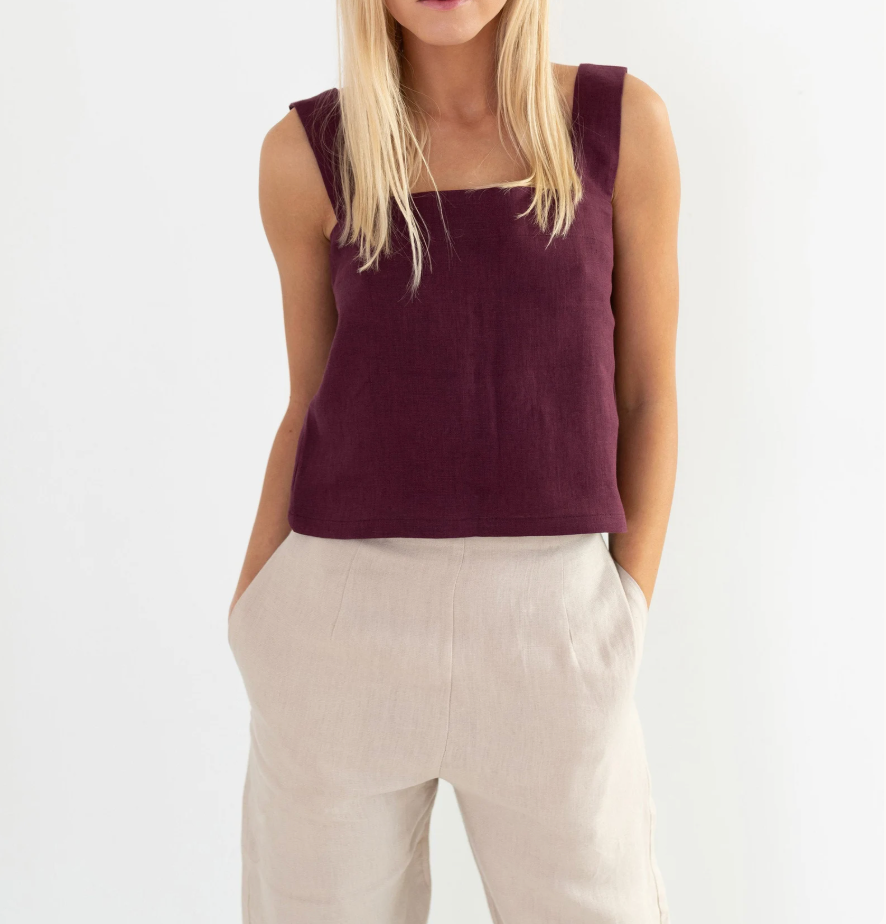 Eggplant Linen Tank Top – Square Neck, Wide Straps