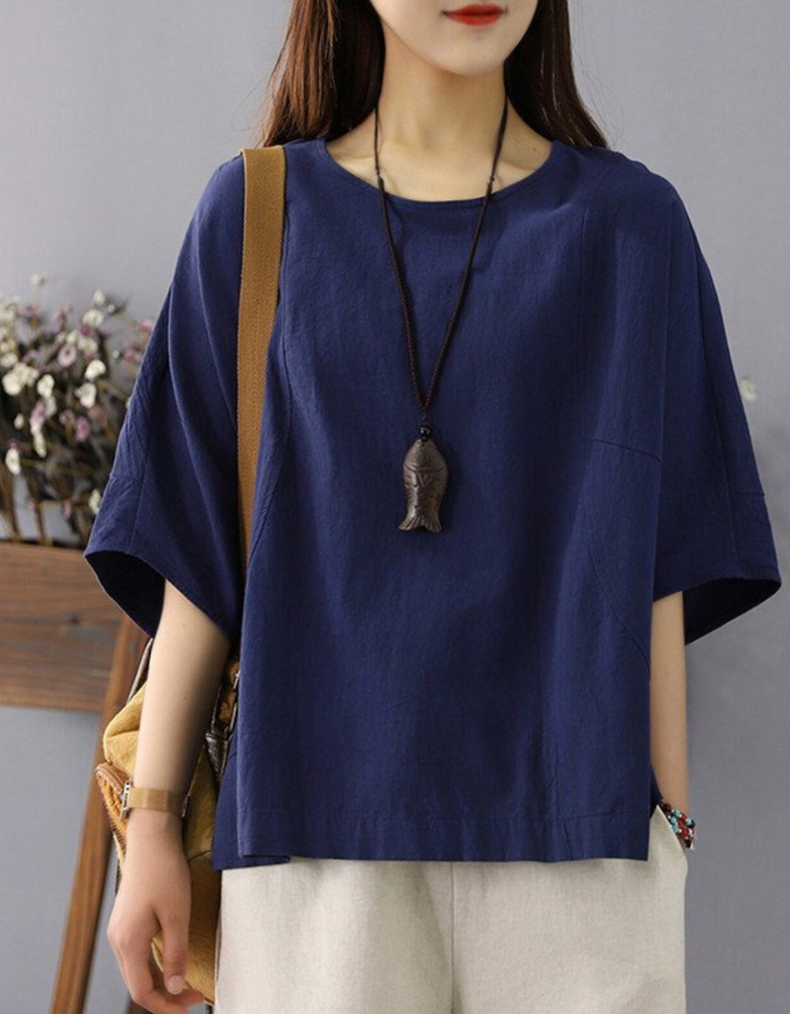 Dark blue Half Sleeve Linen Top with U-Neck for Women