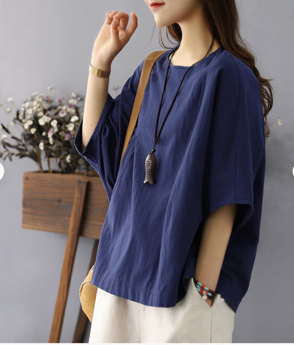 Dark blue Half Sleeve Linen Top with U-Neck for Women