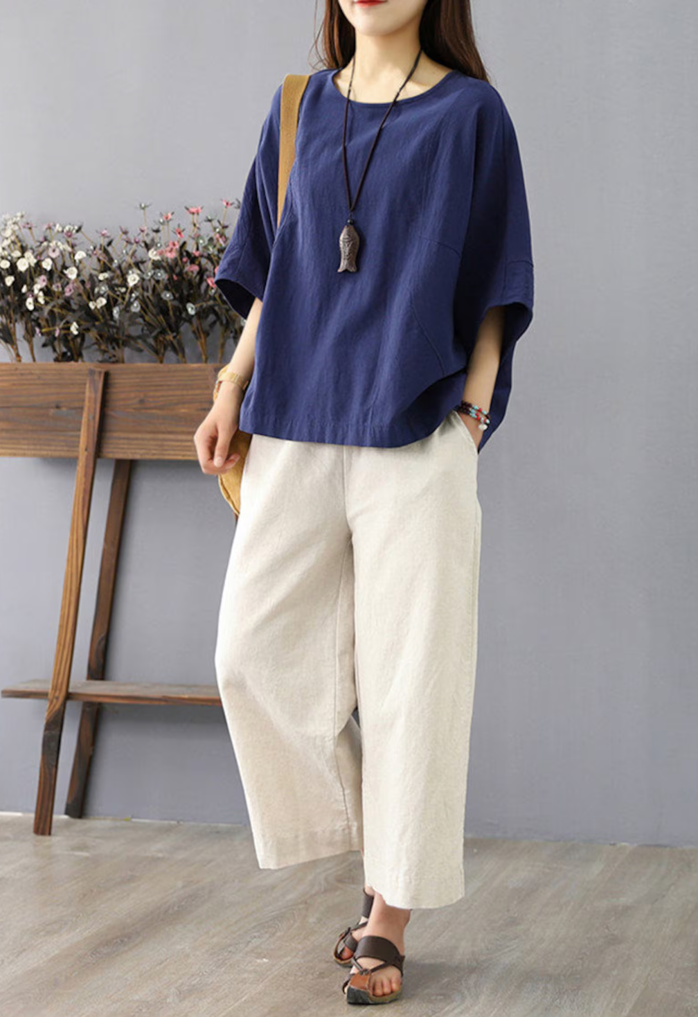 Dark blue Half Sleeve Linen Top with U-Neck for Women