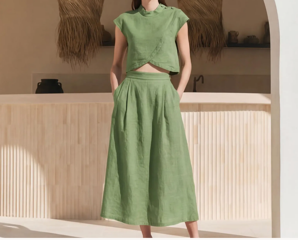 Linen Cap Sleeve Crop Top
