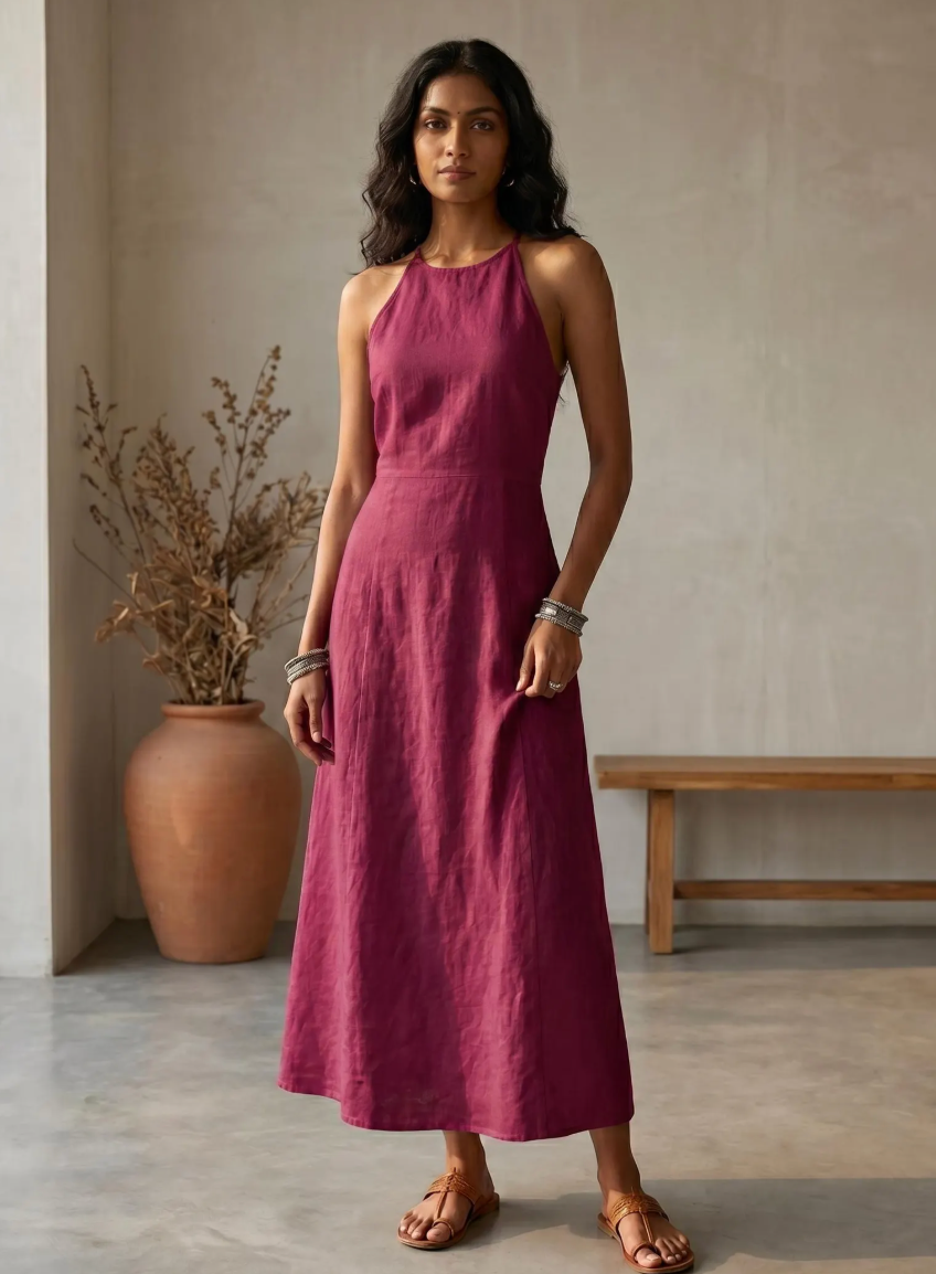 Halter Neck Linen Maxi Dress Resort Wear