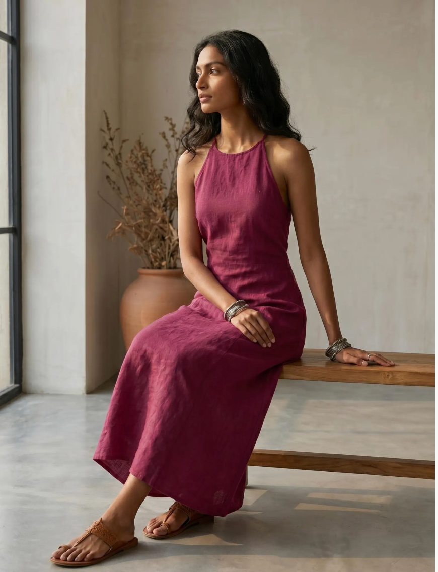 Halter Neck Linen Maxi Dress Resort Wear