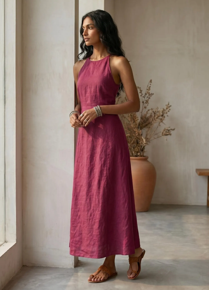 Halter Neck Linen Maxi Dress Resort Wear