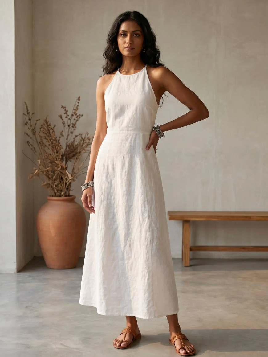 Halter Neck Linen Maxi Dress Resort Wear